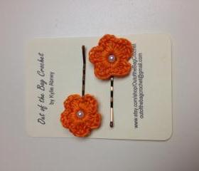 Crochet Flower Bobby Pin Set, Orange 